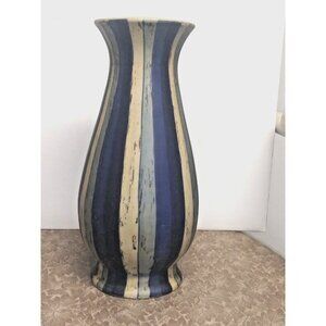 Vintage striped Glass Vase blue ivory vertical stripes heathered distressed flaw
